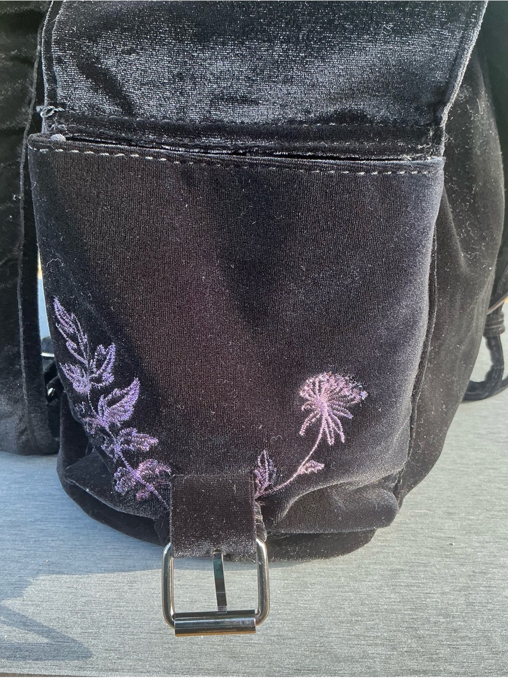 Disturbia Black Velvet Backpack with Lilac Moth / Butterfly Embroidery - Picture 7 of 15